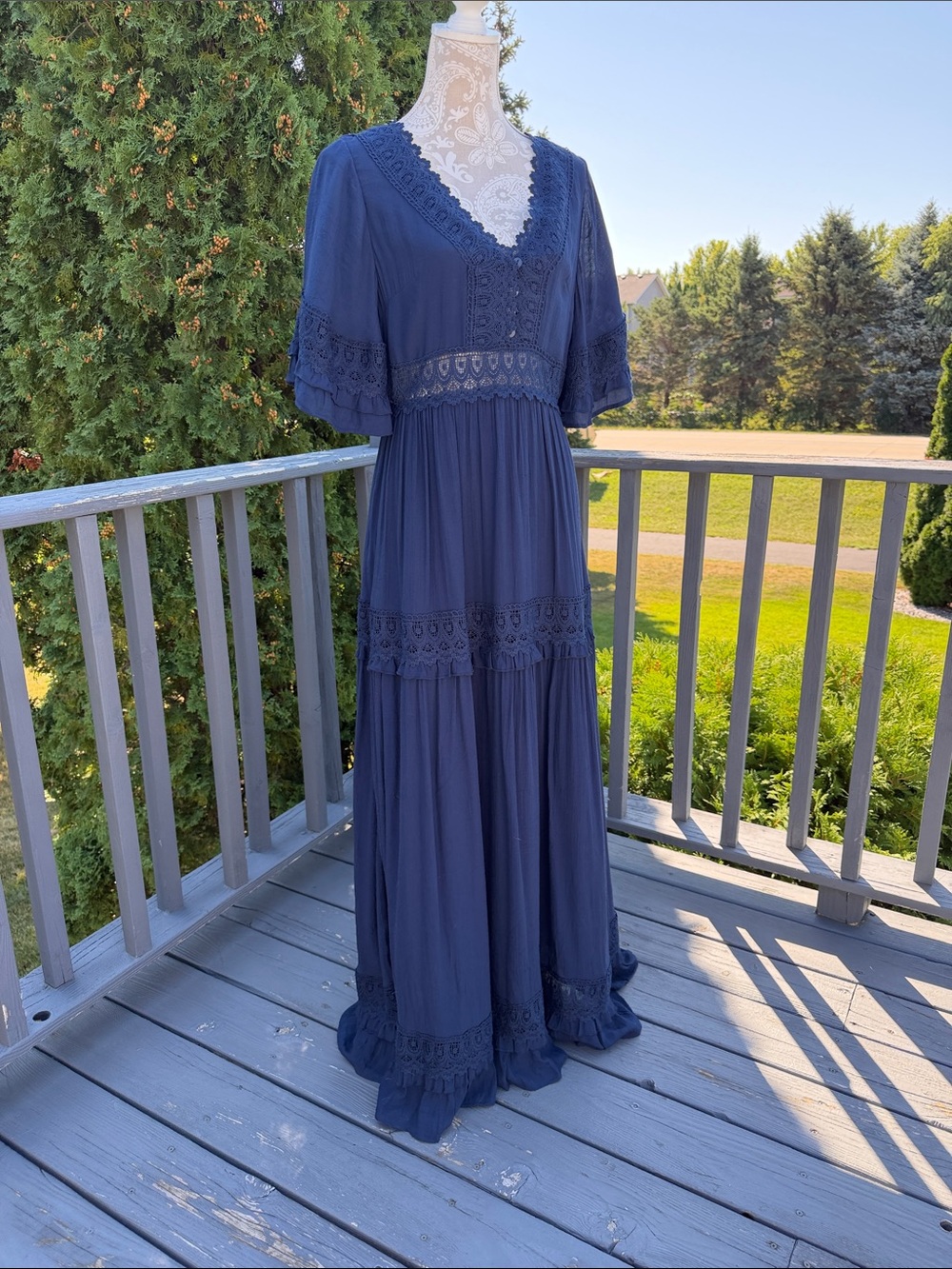 Navy Lace-Trim Ruffle Maxi Dress - Women Sz L